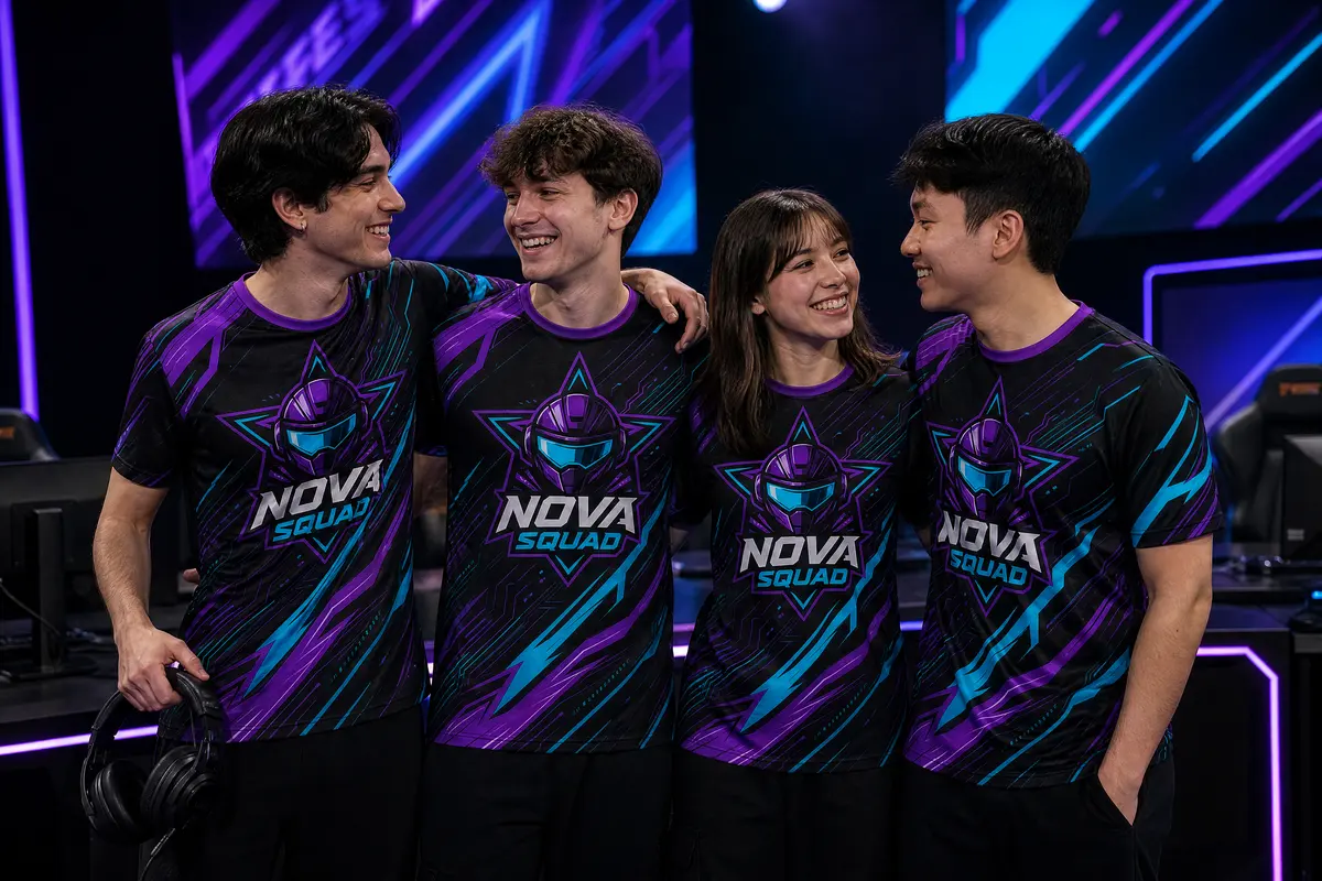 Équipe esport en maillots personnalisés sur la scène d’un tournoi