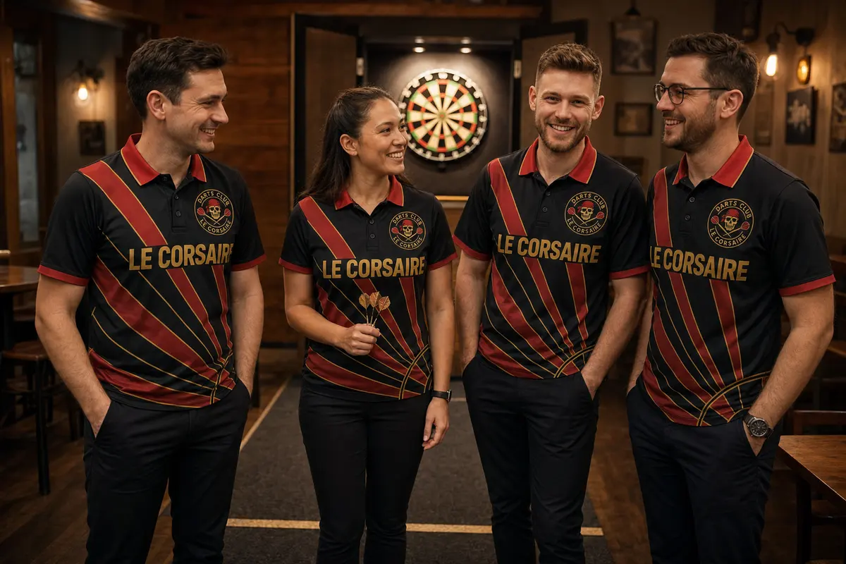 Équipe d’un club de fléchettes en polos personnalisés devant la cible