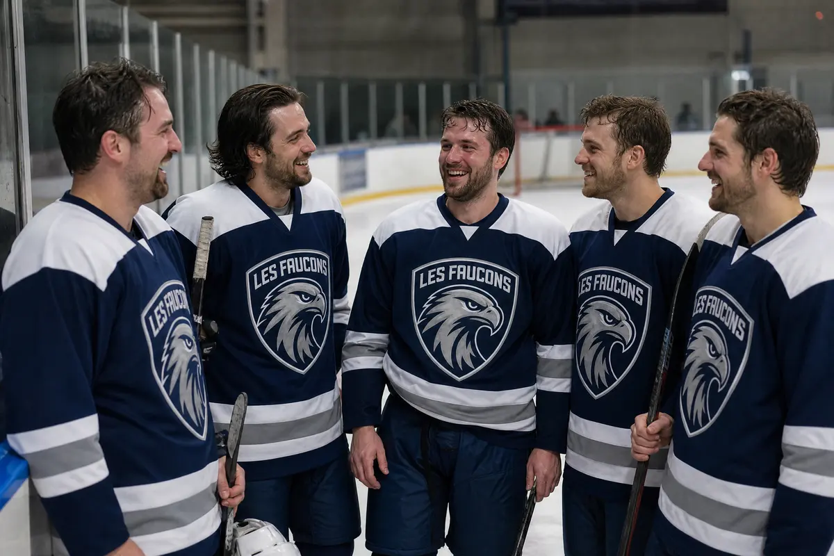 Joueurs d’un club de hockey sur glace en maillots personnalisés au bord de la patinoire