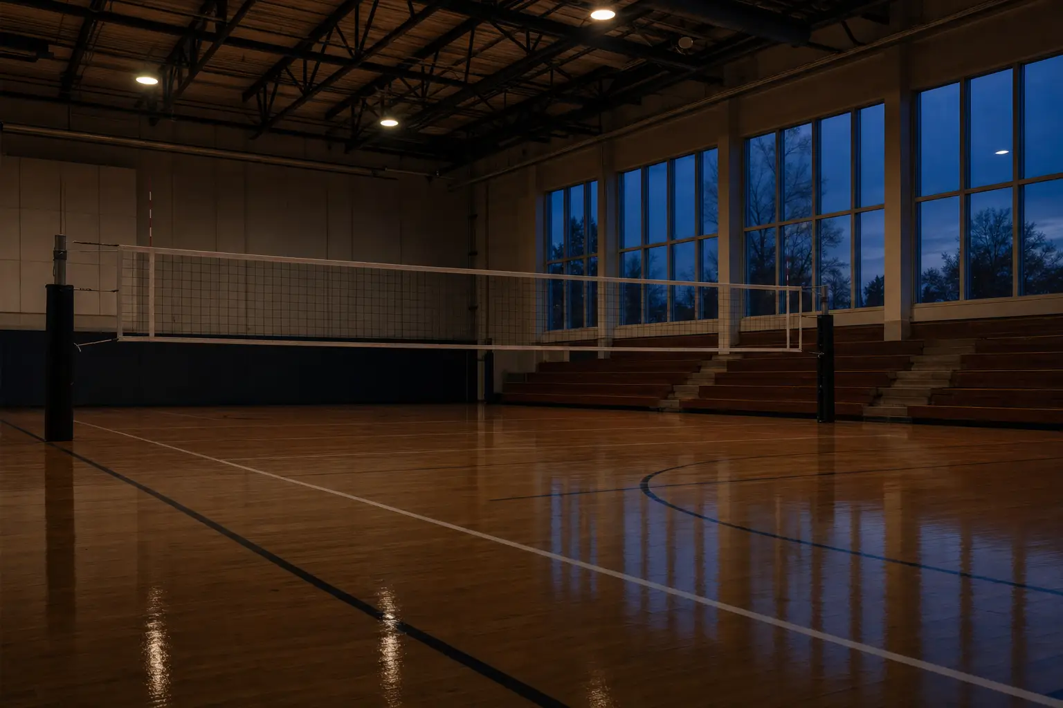 Gymnase de volley-ball avec le filet tendu sur un parquet