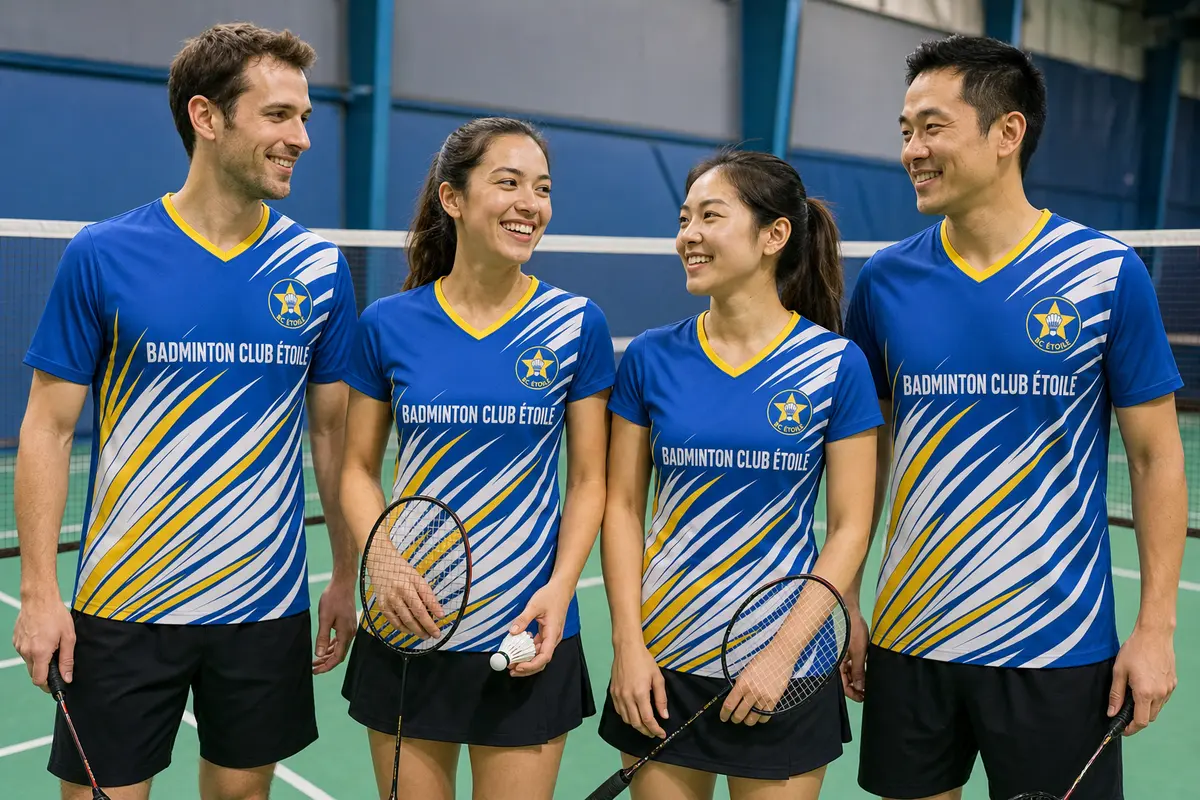 Joueurs et joueuses d’un club de badminton en maillots personnalisés bleus dans la salle