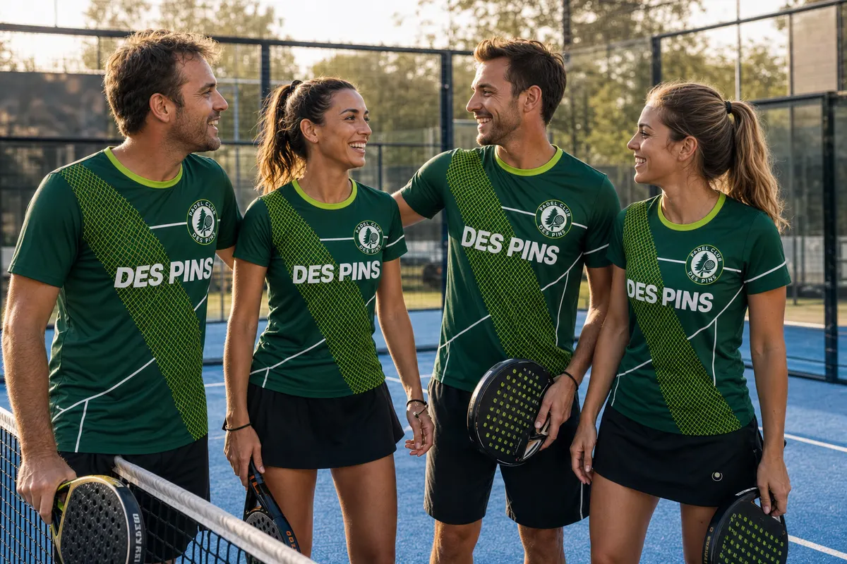 Joueurs et joueuses d’un club de padel en maillots personnalisés verts sur la piste
