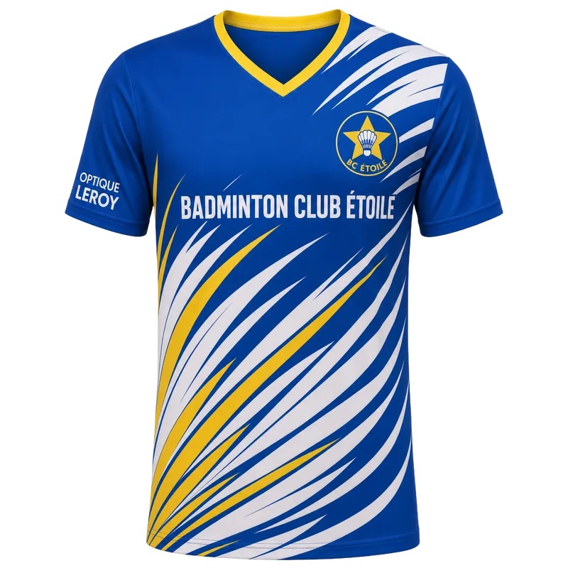 Maillot de badminton club personnalisé bleu roi à plumes de volant blanches et jaunes, écusson du club