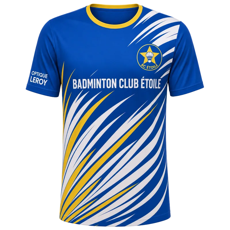 Maillot de badminton col rond personnalisé au design du club, bleu roi et jaune