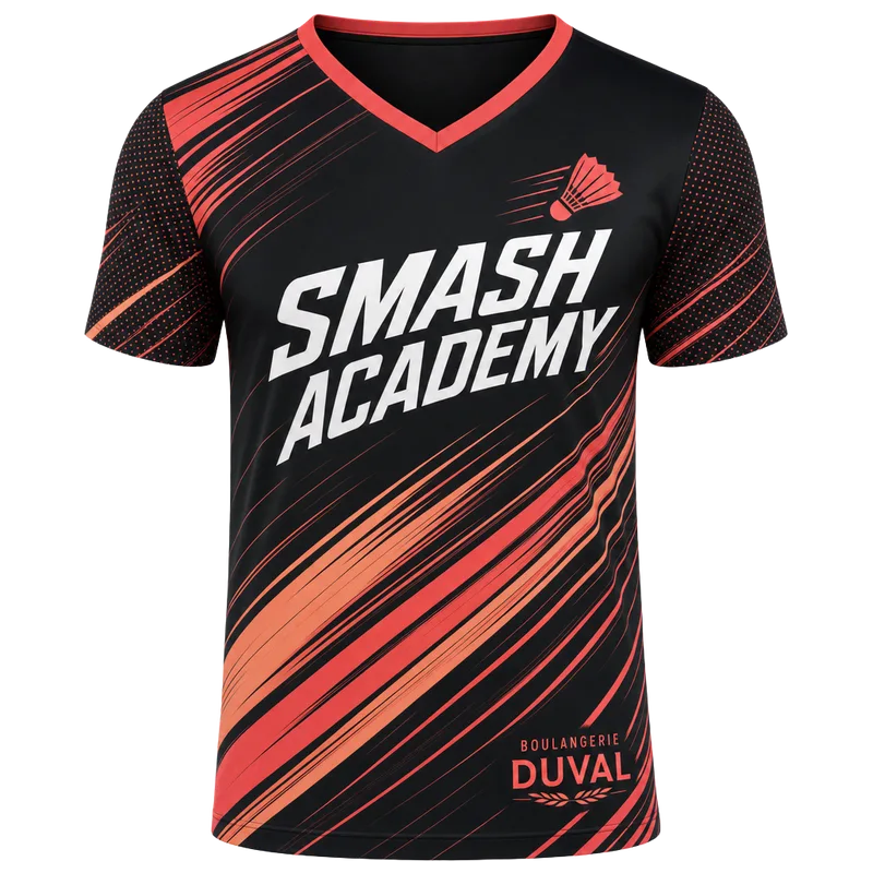 Maillot de badminton personnalisé noir et corail, nom du club et sponsor