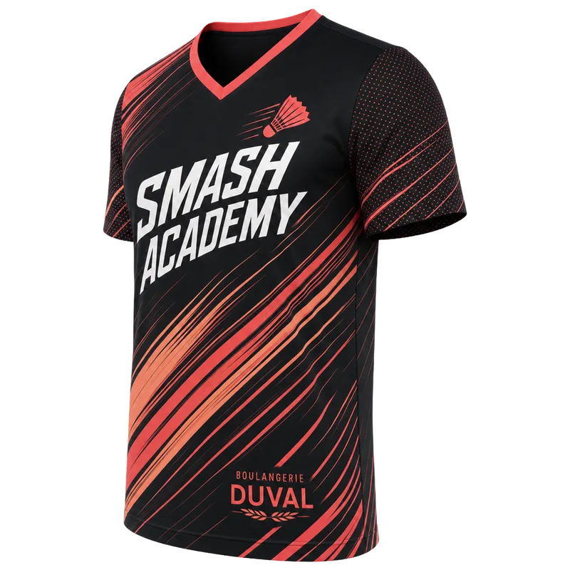 Maillot de badminton noir et corail vu de trois quarts, motif sur le côté et la manche