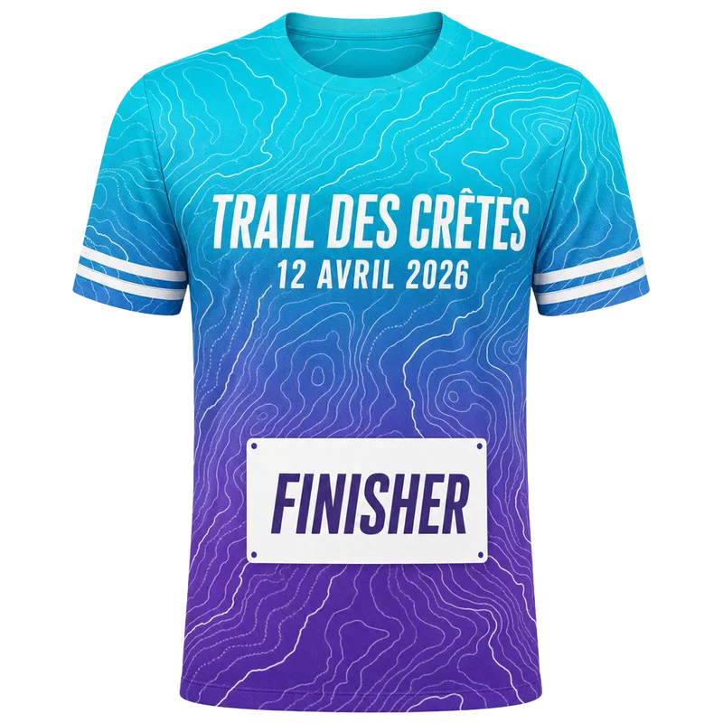 Maillot de course à pied personnalisé turquoise et violet, nom et date de la course, mention finisher