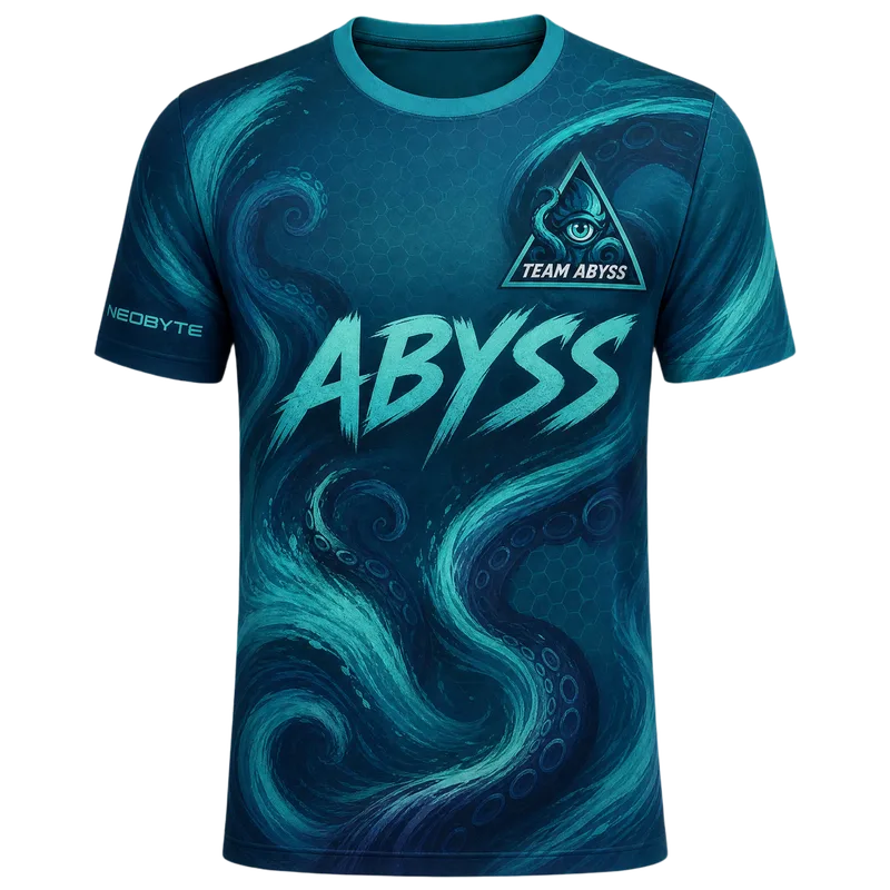 Maillot esport personnalisé bleu canard à vagues, logo et nom de l’équipe