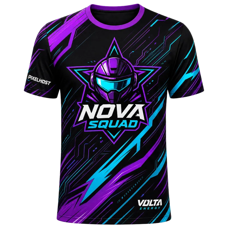 Maillot esport personnalisé noir à motifs néon violet et cyan, logo de l’équipe et sponsors