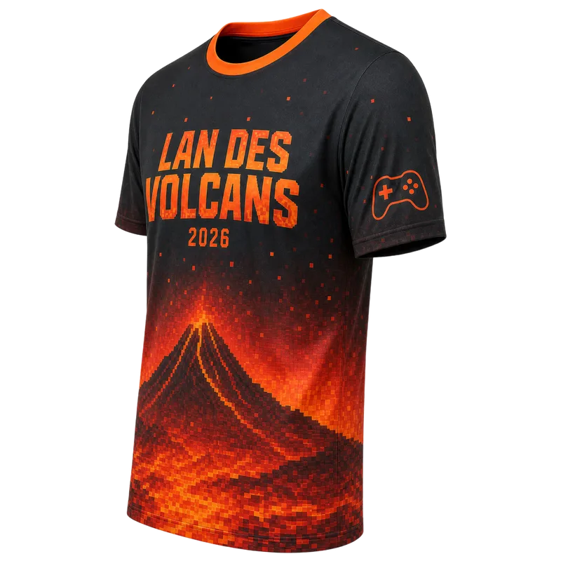 Maillot esport vu de trois quarts, impression sublimée sur les manches et les côtés