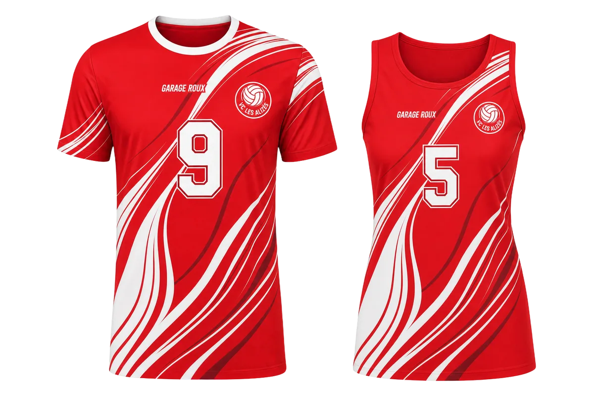 Maillot manches courtes et débardeur de volley personnalisés au même design rouge et blanc