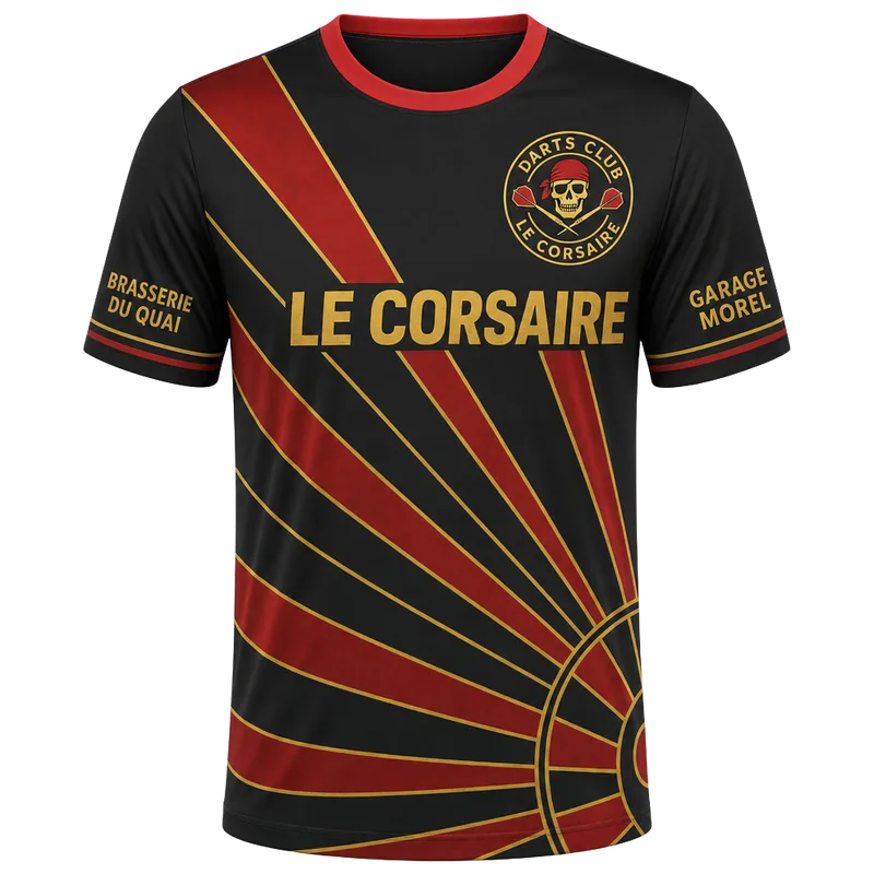 Maillot de fléchettes col rond personnalisé au design du club, noir rouge et or