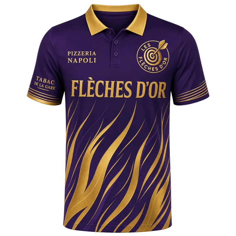 Maillot de fléchettes personnalisé violet à flammes dorées, écusson et sponsors