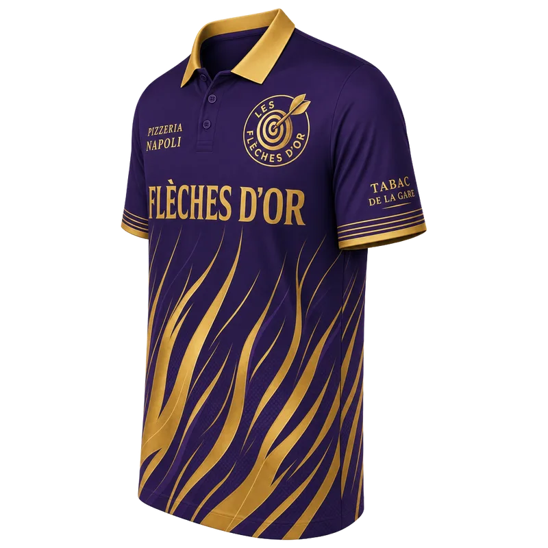 Polo de fléchettes violet et or vu de trois quarts, flammes sur les côtés et la manche