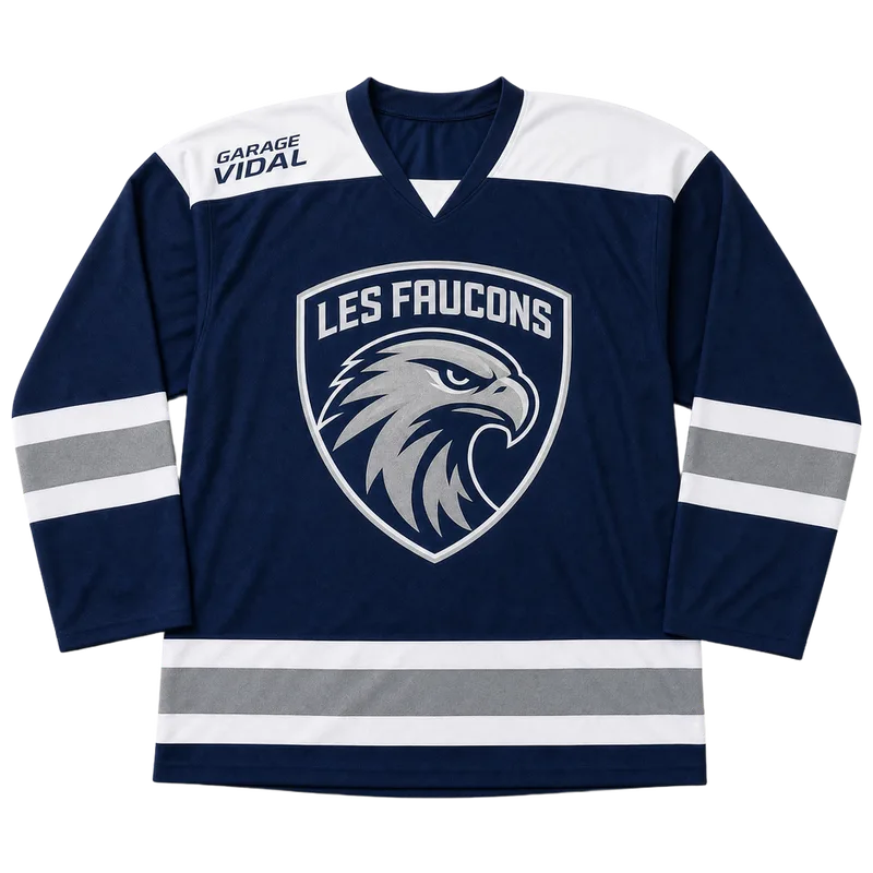 Maillot de hockey personnalisé bleu marine à rayures argent, grand écusson faucon du club