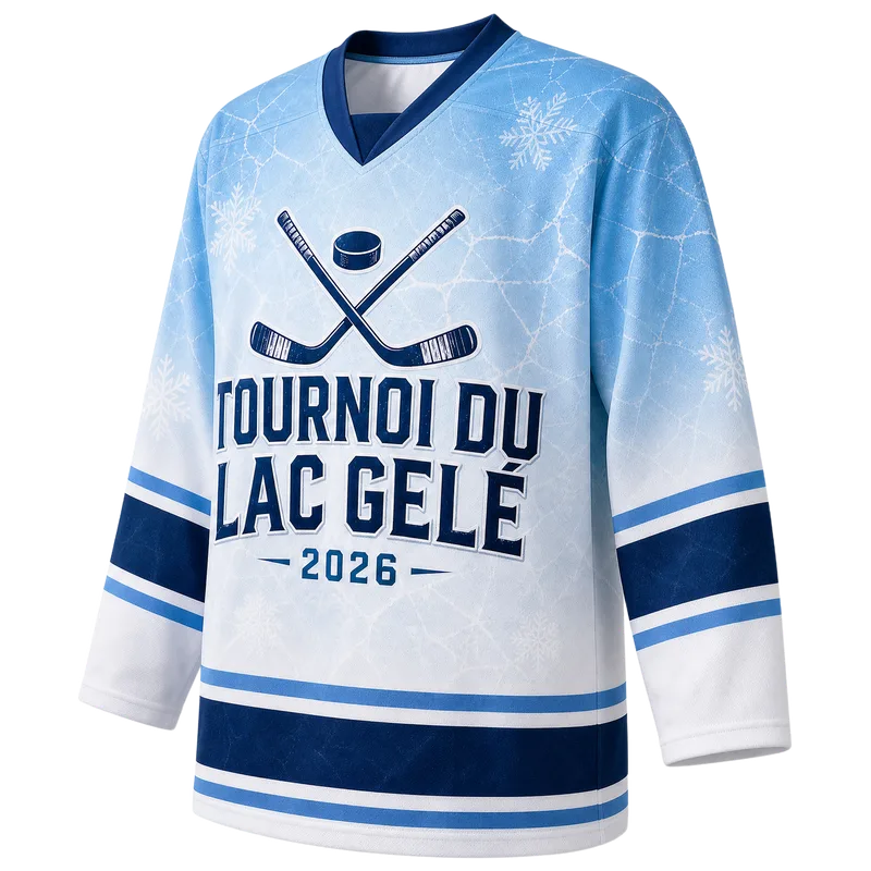 Maillot de hockey vu de trois quarts, impression sublimée sur les manches et les côtés