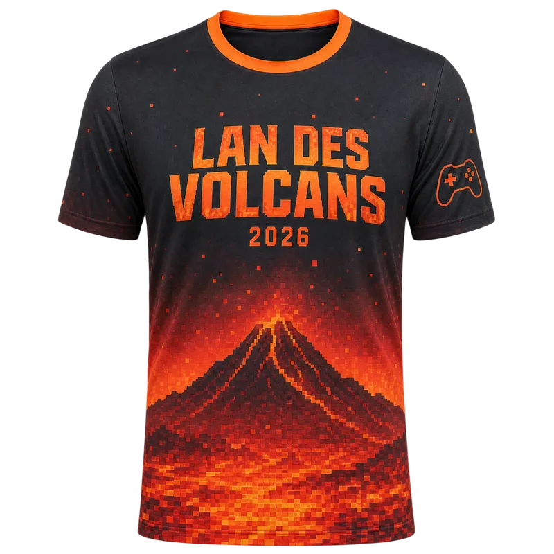 Maillot de LAN esport personnalisé, dégradé lave et volcan, nom de l’événement