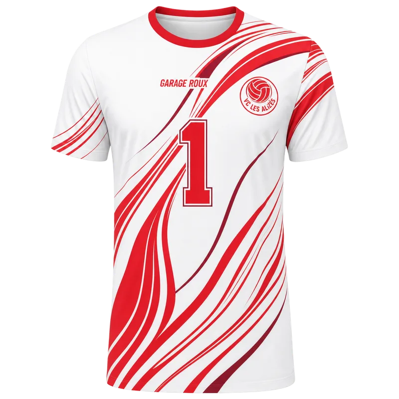 Maillot de libéro personnalisé blanc à vagues rouges, mêmes écusson et sponsor que le maillot de match