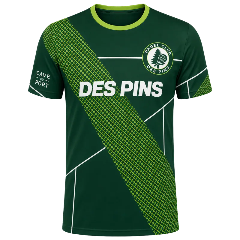Maillot de padel club personnalisé vert et anis, écusson du club et sponsor sur la manche