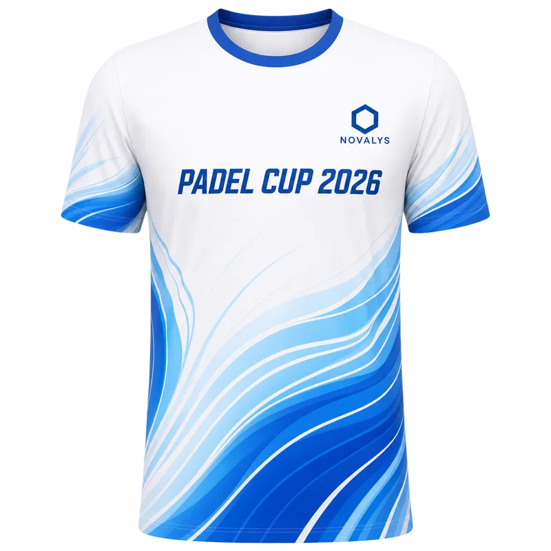 Maillot de padel d’entreprise personnalisé blanc et bleu, logo de la société et nom de la coupe