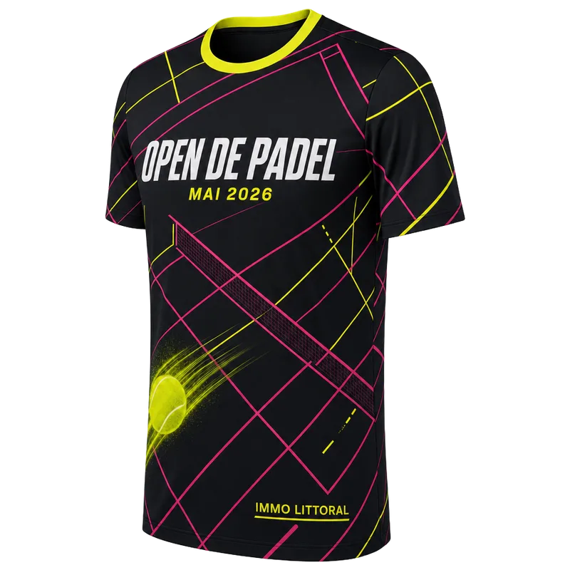 Maillot de tournoi de padel vu de trois quarts, lignes fluo sur les côtés et la manche