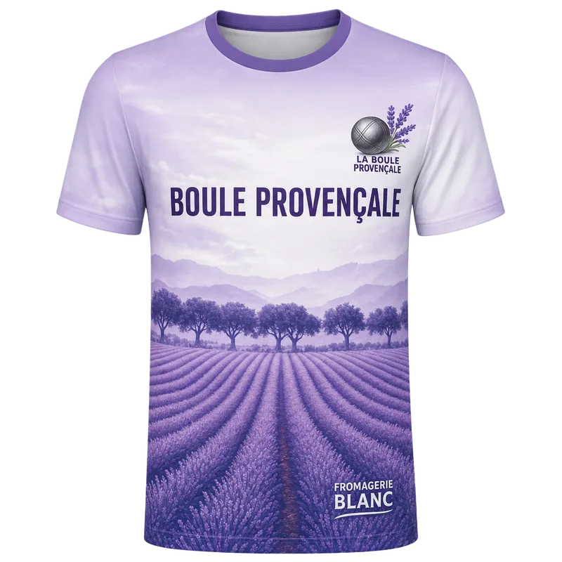 Maillot de pétanque personnalisé lavande, champs de lavande et platanes, nom du club
