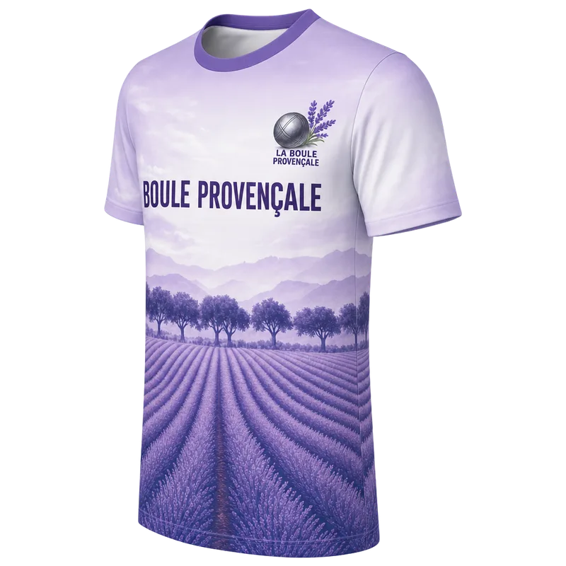 Maillot de pétanque lavande vu de trois quarts, motif sur le côté et la manche