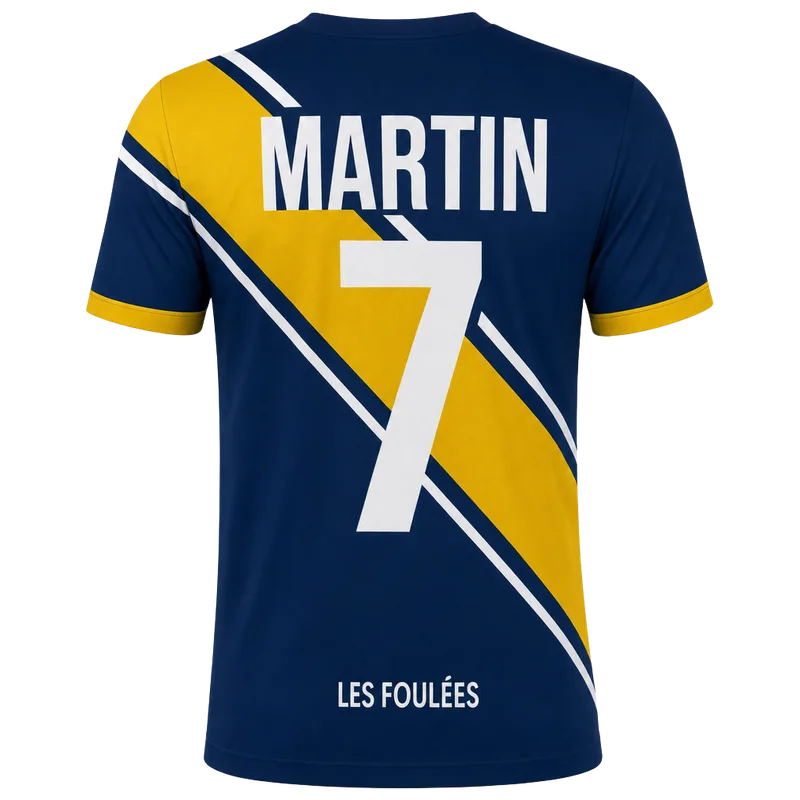 Dos d’un maillot de running club personnalisé, nom MARTIN et numéro 7 en blanc