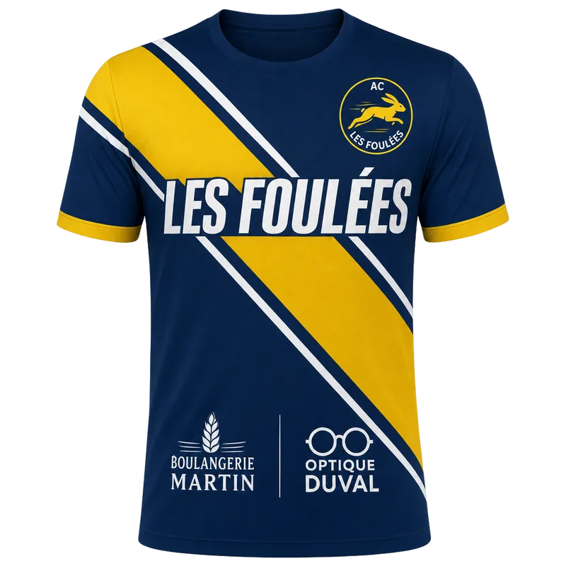 Maillot de running club personnalisé bleu marine et jaune, écusson du club et sponsors