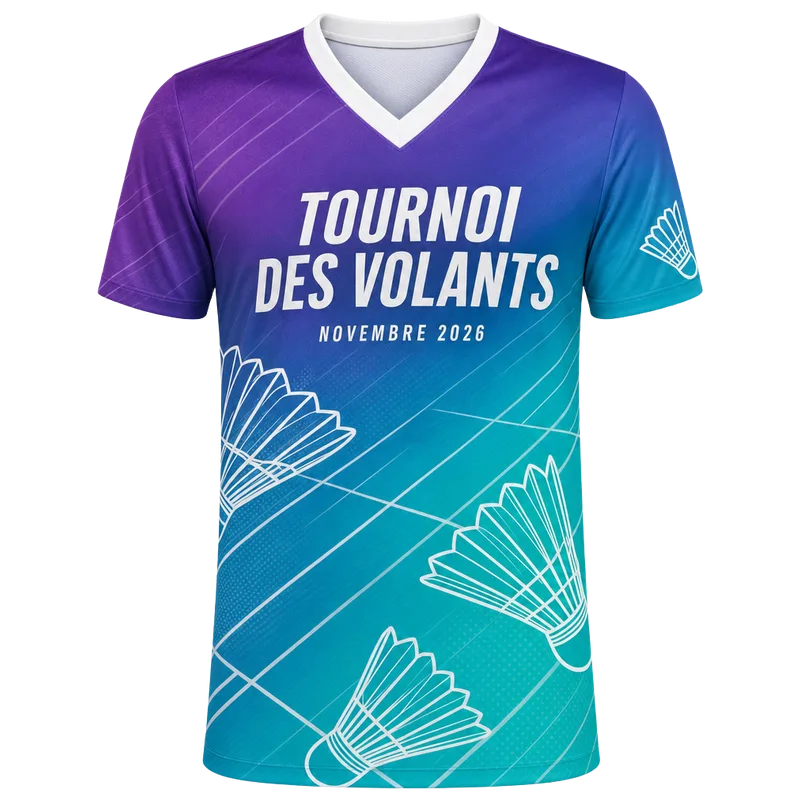 Maillot de tournoi de badminton personnalisé violet et turquoise, nom et date du tournoi