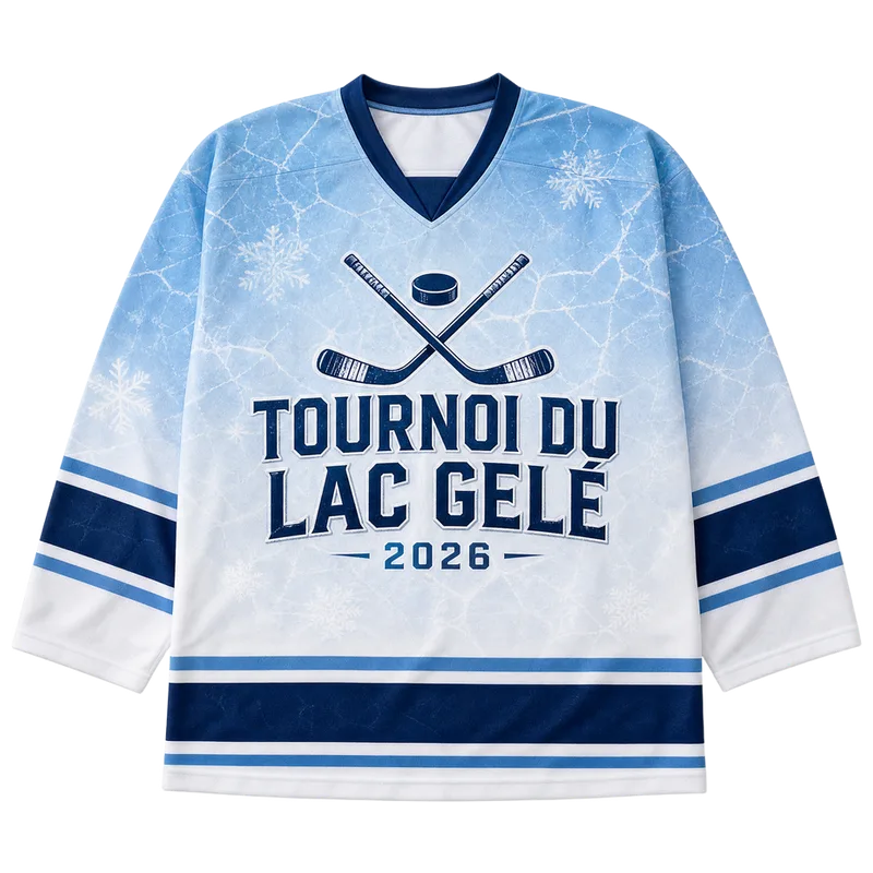 Maillot de tournoi de hockey personnalisé bleu glace, nom du tournoi et crosses