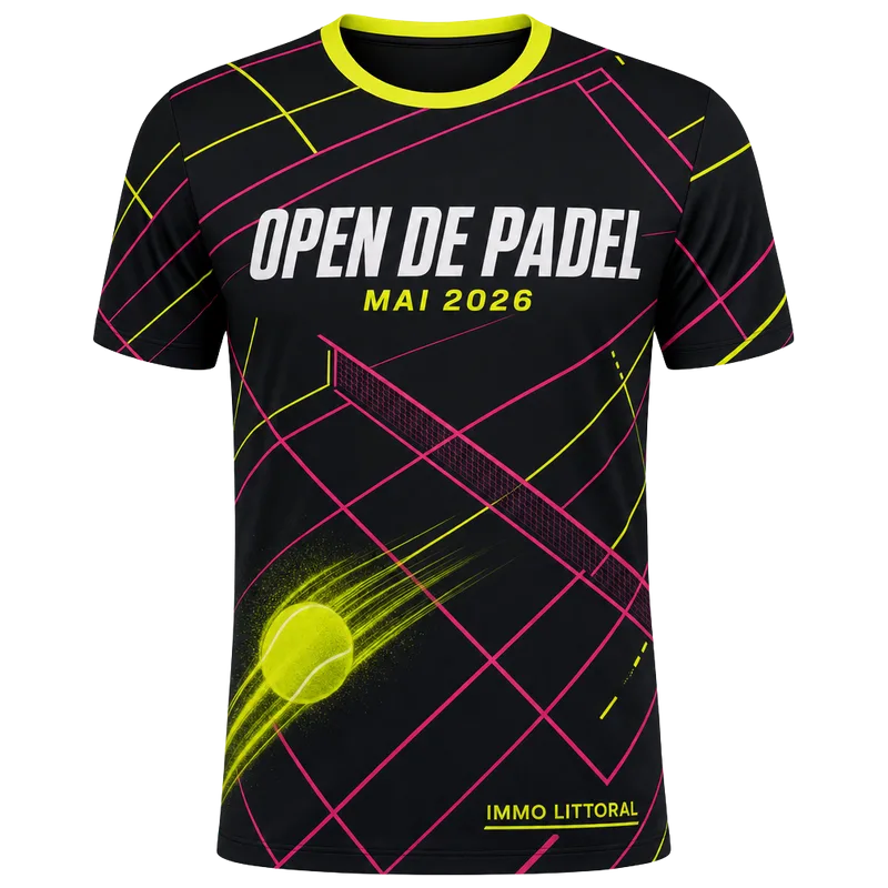 Maillot de tournoi de padel personnalisé noir à lignes fluo, nom et date du tournoi