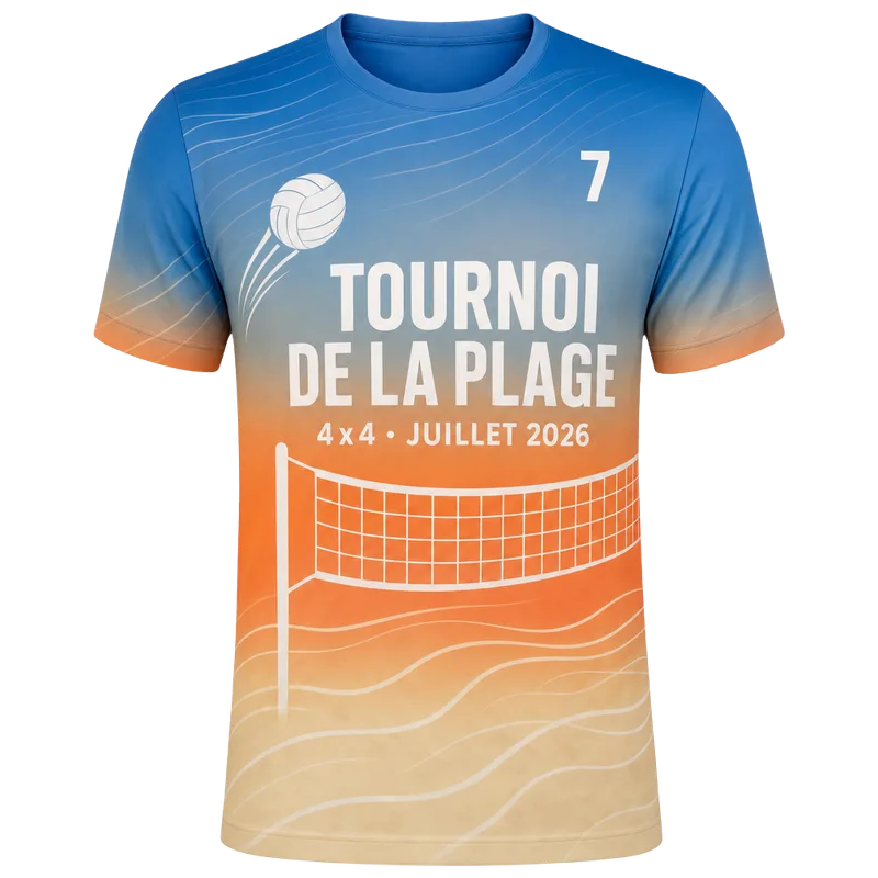 Maillot de tournoi de volley personnalisé, dégradé sable et océan, nom et date du tournoi