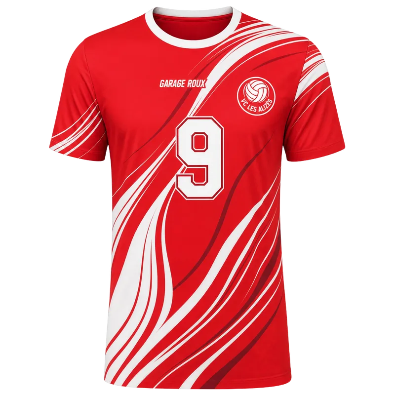 Maillot de volley club personnalisé rouge à vagues blanches, écusson du club, sponsor et numéro 9