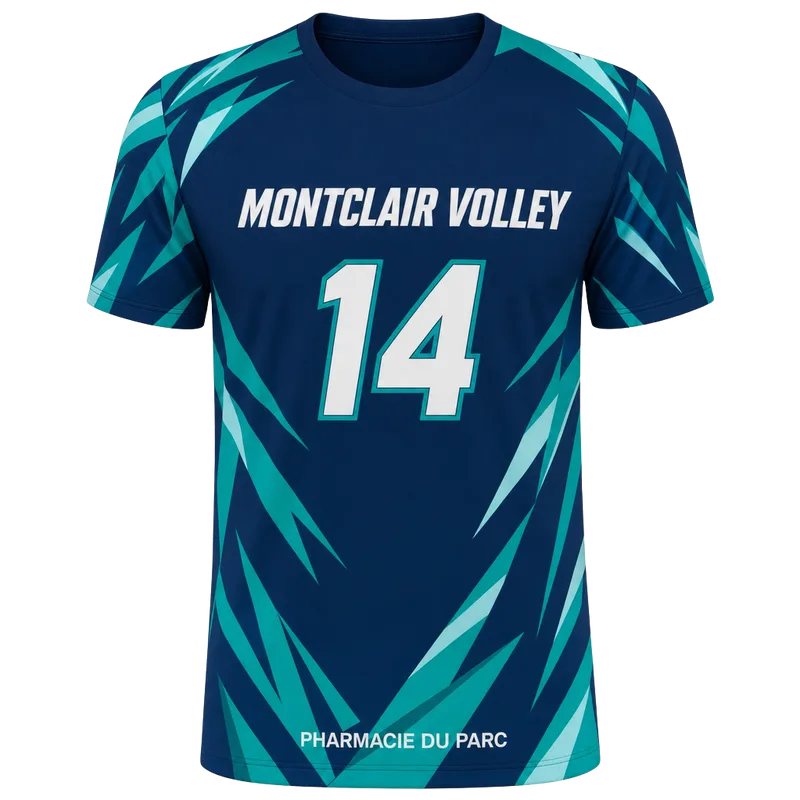 Maillot de volley personnalisé bleu marine et turquoise, nom du club et numéro 14