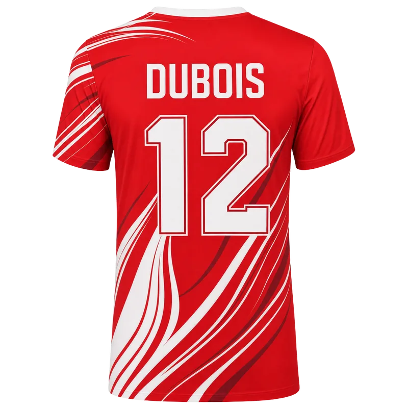Dos d’un maillot de volley personnalisé rouge, nom DUBOIS et numéro 12