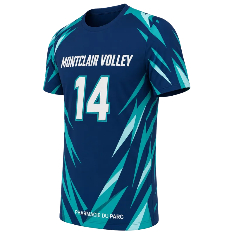 Maillot de volley vu de trois quarts, impression sublimée sur les manches et les côtés