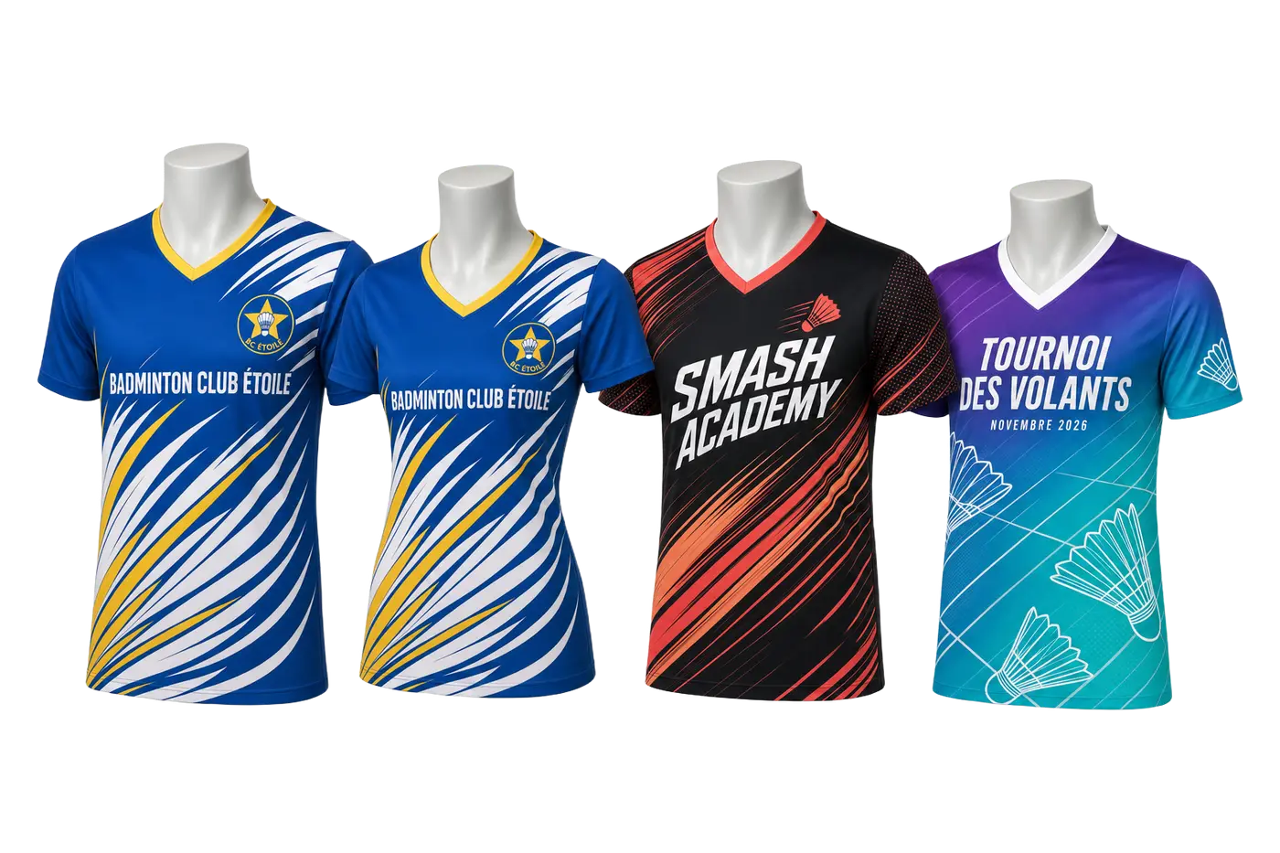 Quatre maillots de badminton personnalisés sur mannequins : club homme et femme, académie et tournoi