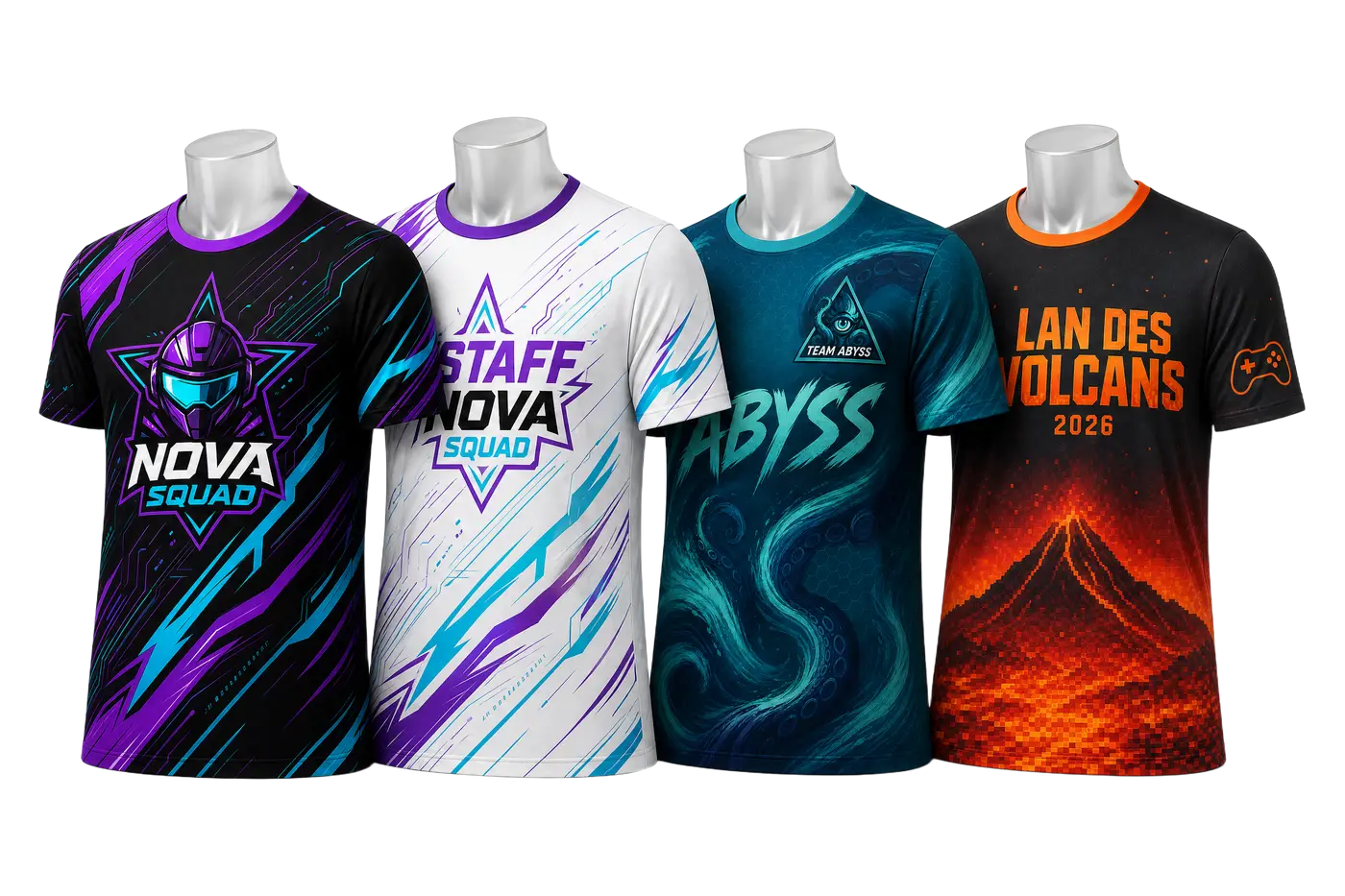 Quatre maillots esport personnalisés sur mannequins : joueur, staff, équipe et LAN