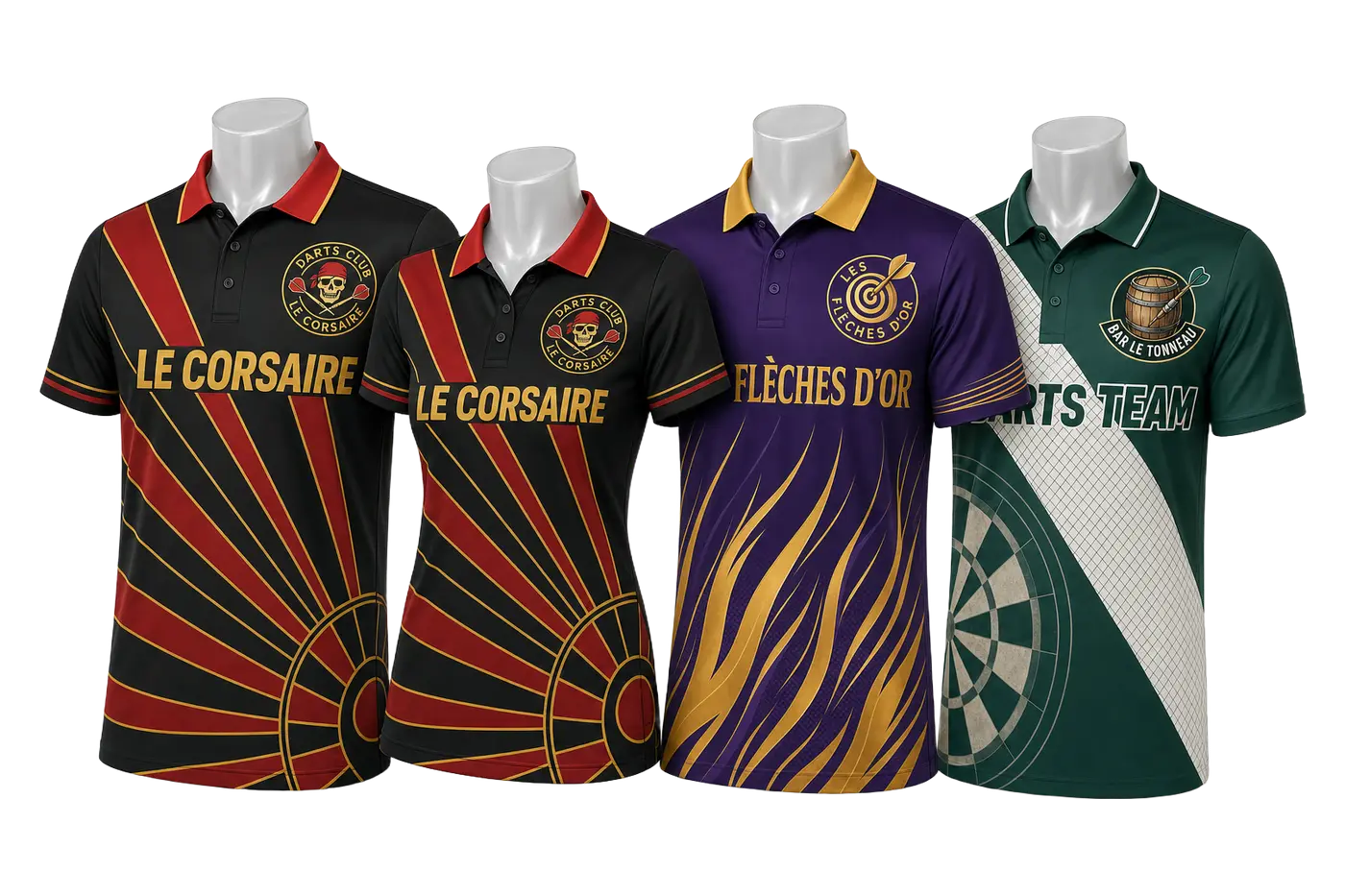 Quatre polos de fléchettes personnalisés sur mannequins : club homme et femme, club violet et équipe de bar