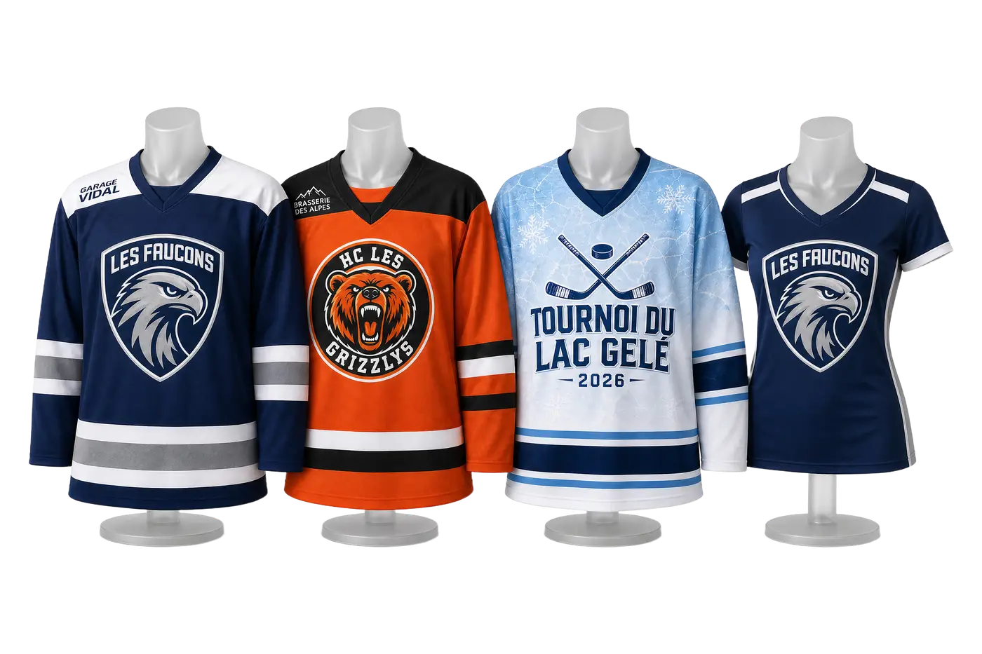Quatre maillots de hockey personnalisés sur mannequins : deux clubs, un tournoi et une version gazon