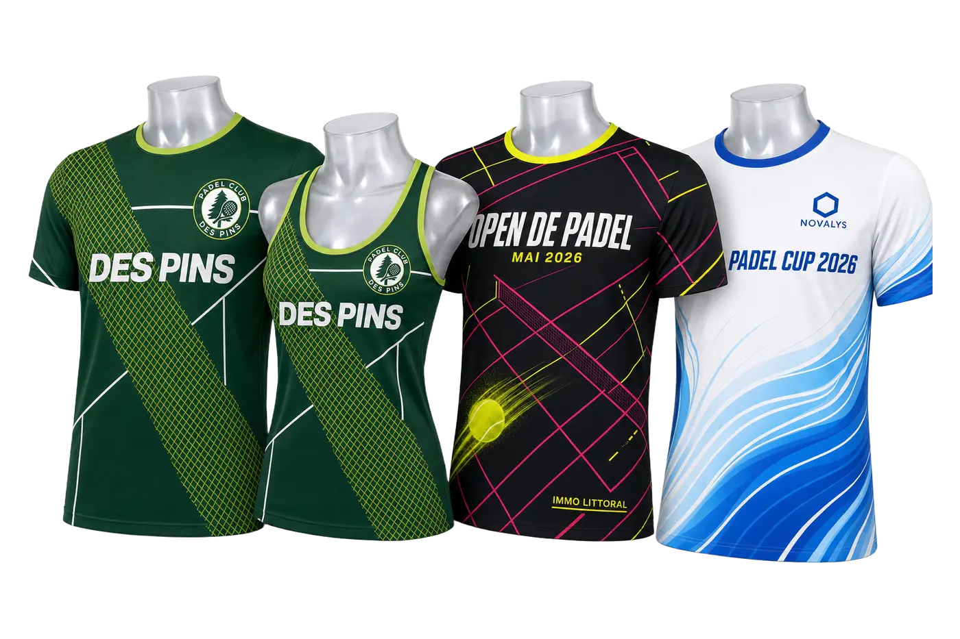 Quatre maillots de padel personnalisés sur mannequins : club homme et femme, tournoi et entreprise