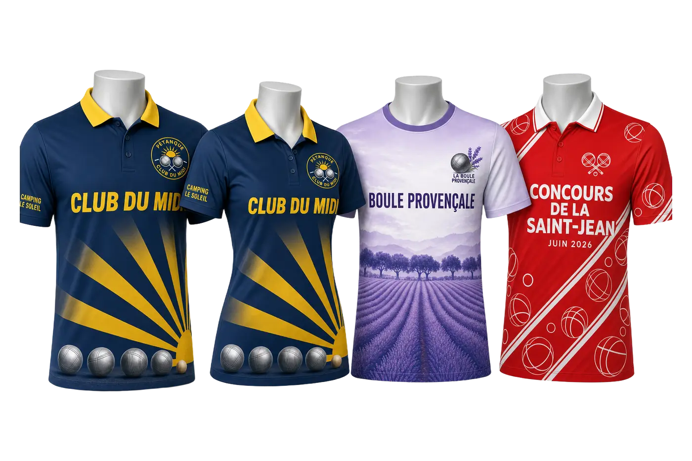 Quatre maillots de pétanque personnalisés sur mannequins : polo club homme et femme, t-shirt lavande et polo de concours