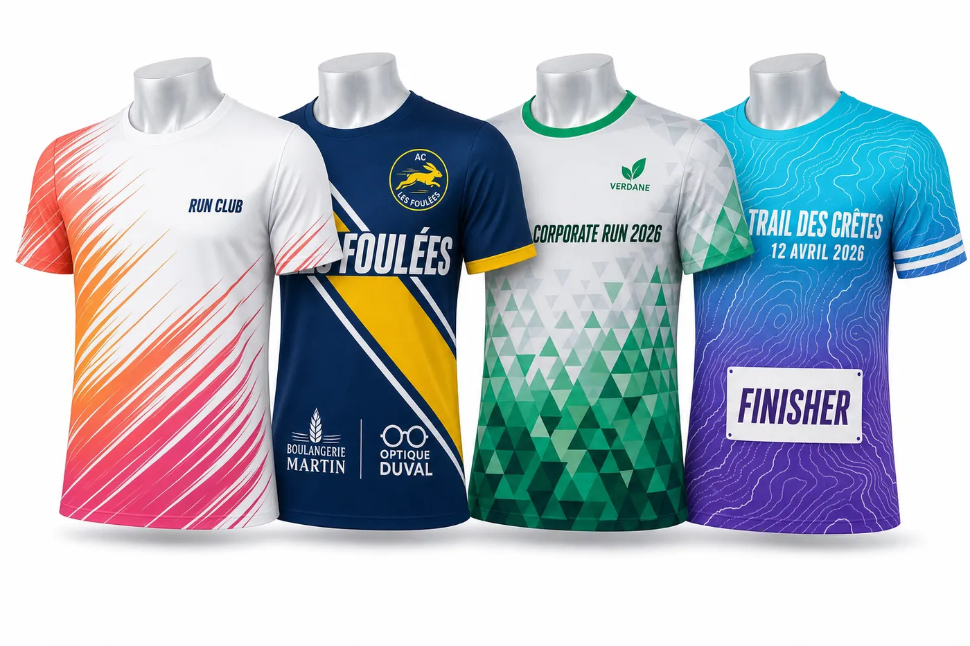 Quatre maillots running personnalisés sur mannequins : club, entreprise et course, chacun à ses couleurs