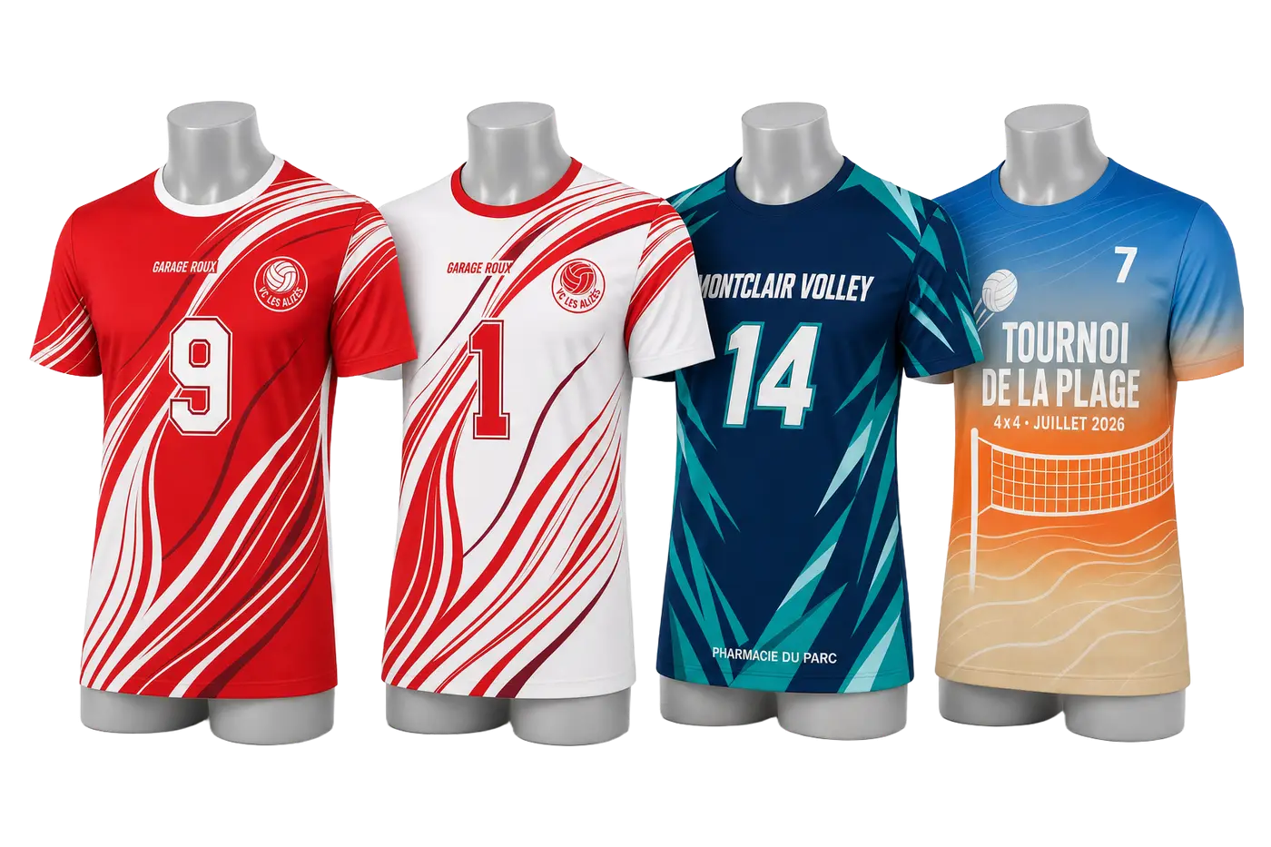 Quatre maillots de volley personnalisés sur mannequins : club, libéro aux couleurs inversées, club et tournoi