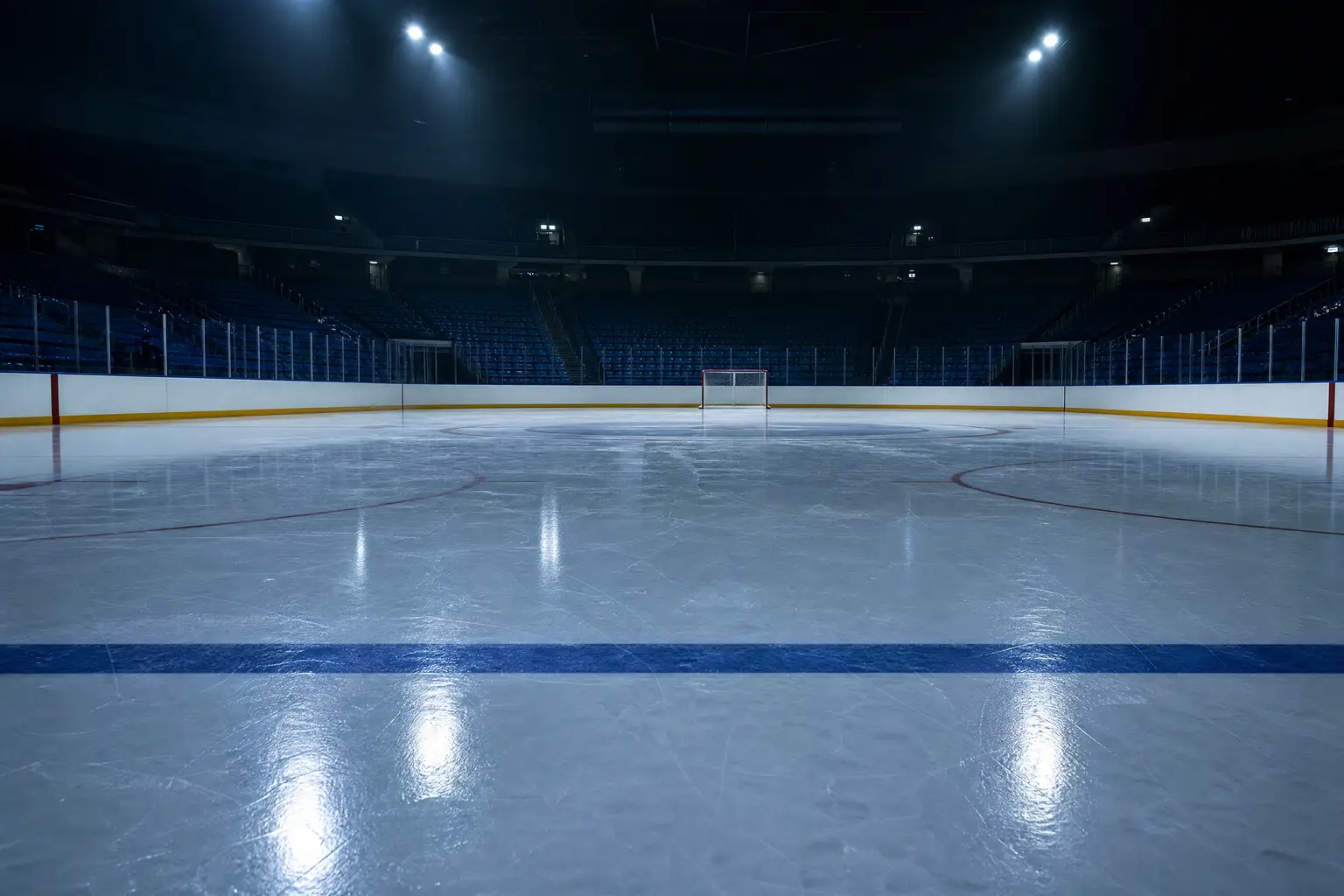 Patinoire de hockey sur glace vide, lignes bleues et but