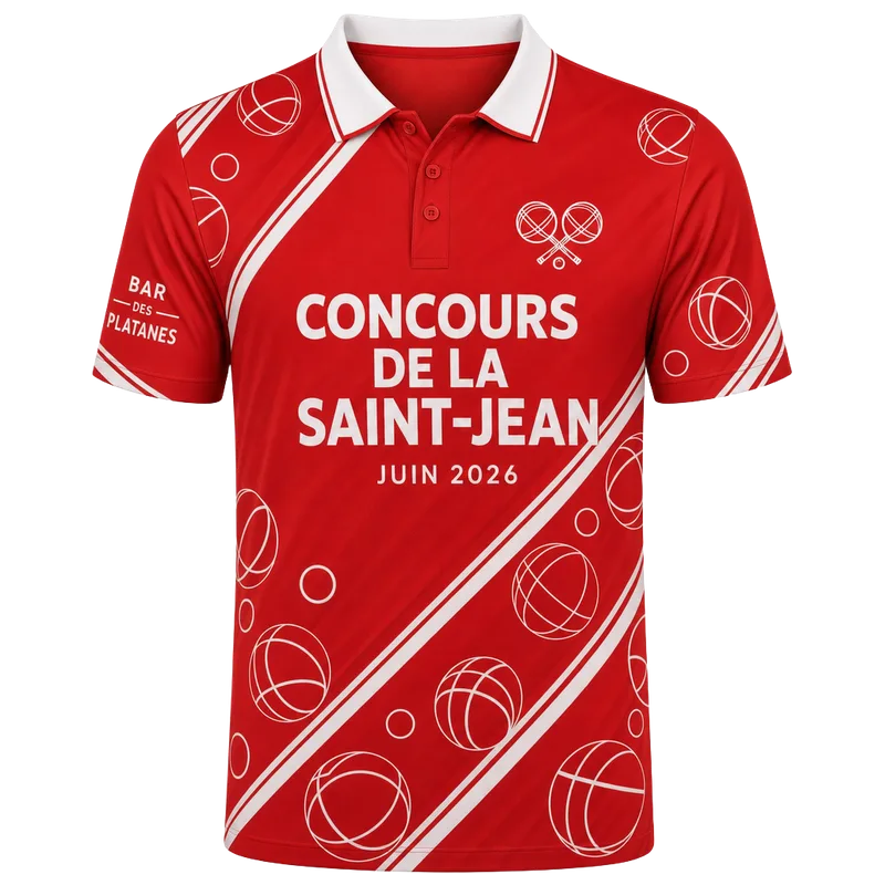 Polo de concours de pétanque personnalisé rouge et blanc, nom et date du concours