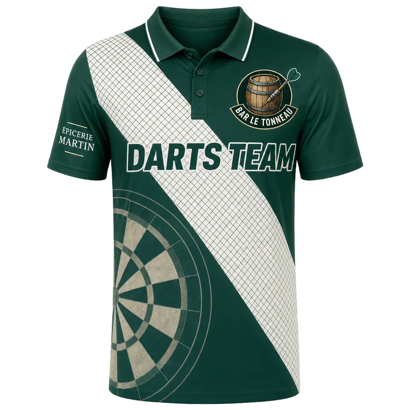 Polo de fléchettes d’équipe de bar personnalisé vert et blanc, badge du bar et sponsor