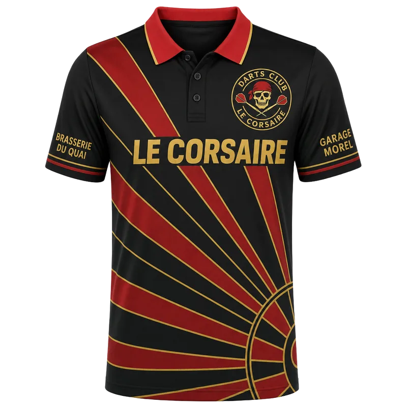 Polo de fléchettes personnalisé noir, rouge et or, écusson du club et sponsors sur les manches