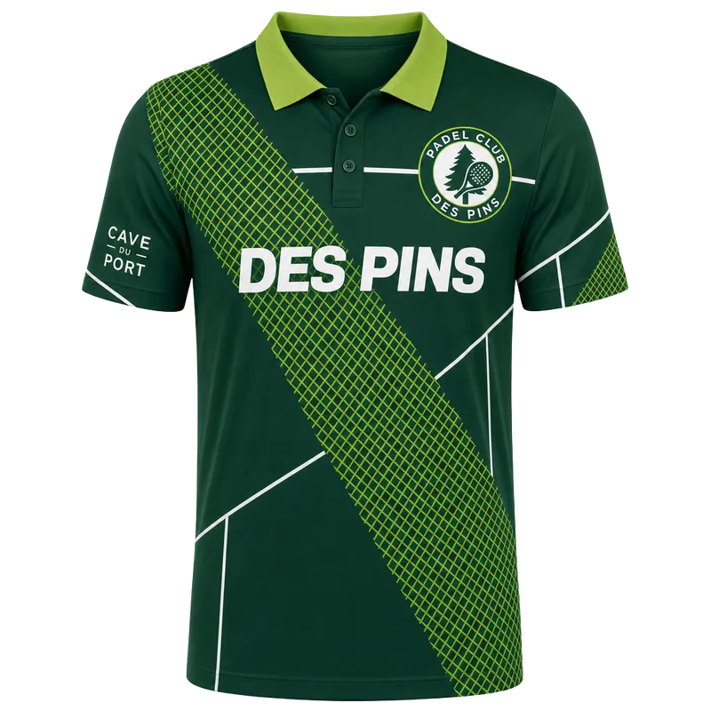 Polo de padel personnalisé au design du club, col et boutons verts